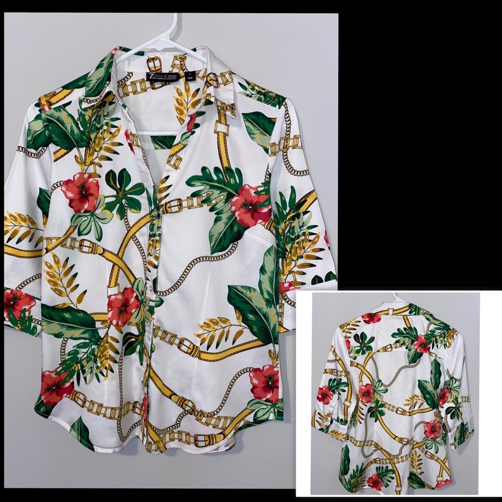 New York & Company woman button up multi color shirt